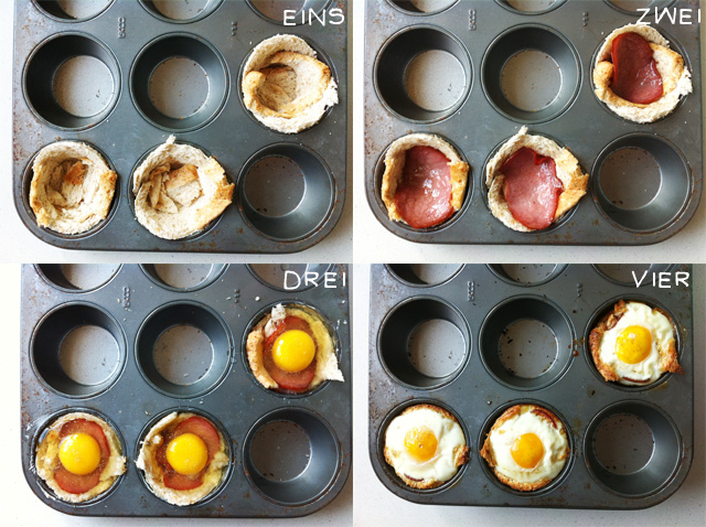 Schinken-Ei-Muffins aus Toast in einer Muffinform backen