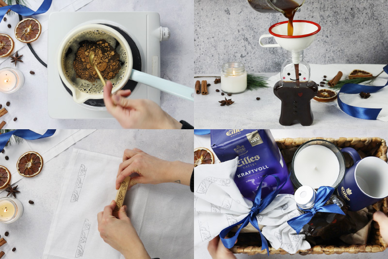 Weihnachtlicher Geschenkkorb mit Kaffeesirup und bestempelten Küchentüchern selber machen